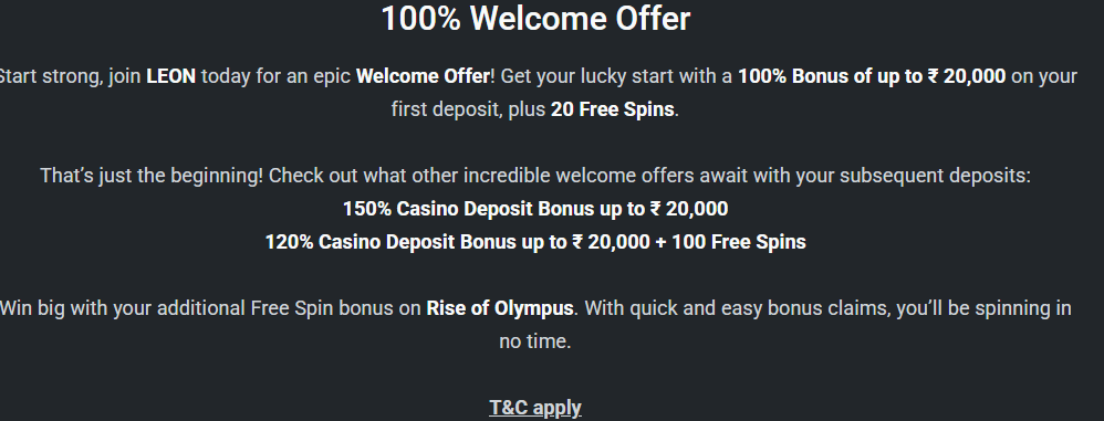 Leon Casino Welcome Bonus India